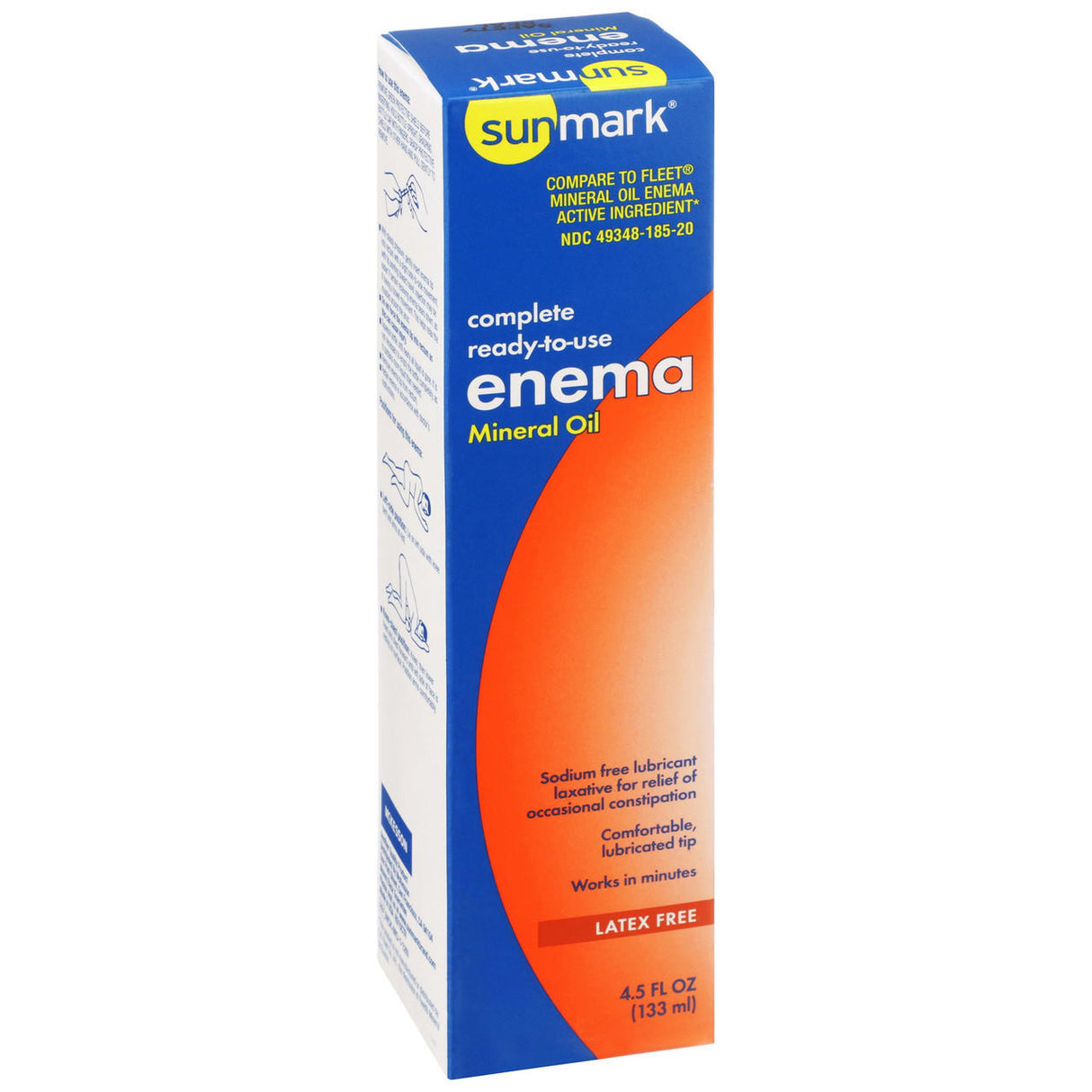 A box of McKesson Sunmark 100% Mineral Oil Enema, 4.5 fl oz (133 mL). This latex-free laxative works in minutes to provide effective, occasional constipation relief.