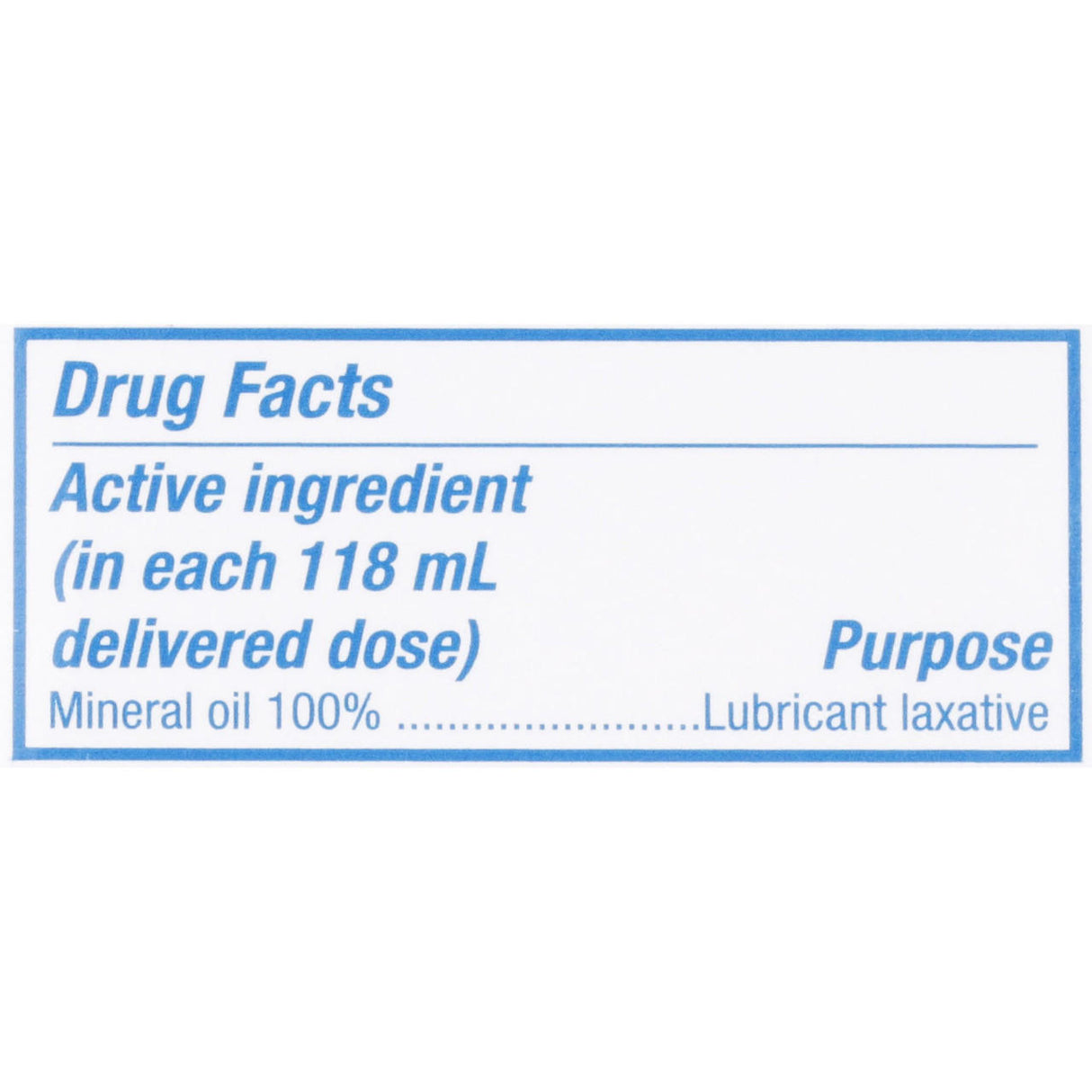 The Sunmark 100% Mineral Oil Enema by McKesson lists mineral oil (100%) as the active ingredient per 118 mL dose for use as a lubricant laxative. Blue text appears on a white background. Ideal for constipation relief.