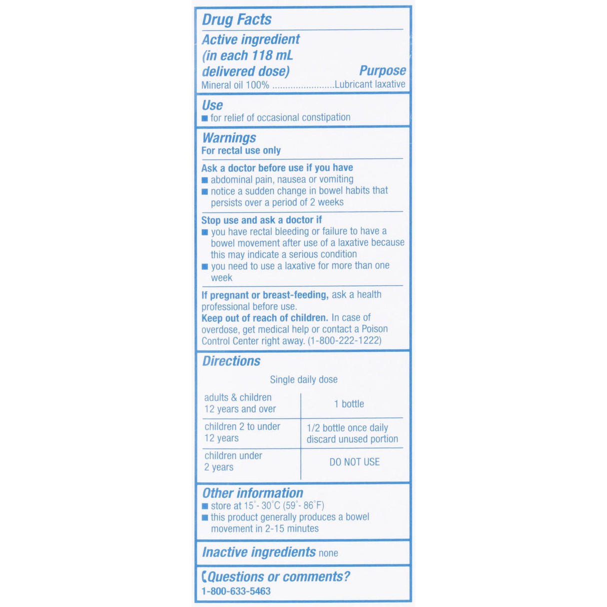 Drug facts label for McKesson Sunmark 100% Mineral Oil Enema, a lubricant laxative for constipation relief. Includes ingredients, uses, warnings, directions for adults/kids, storage info and customer service number. Blue text on white background; mineral oil enema details provided.