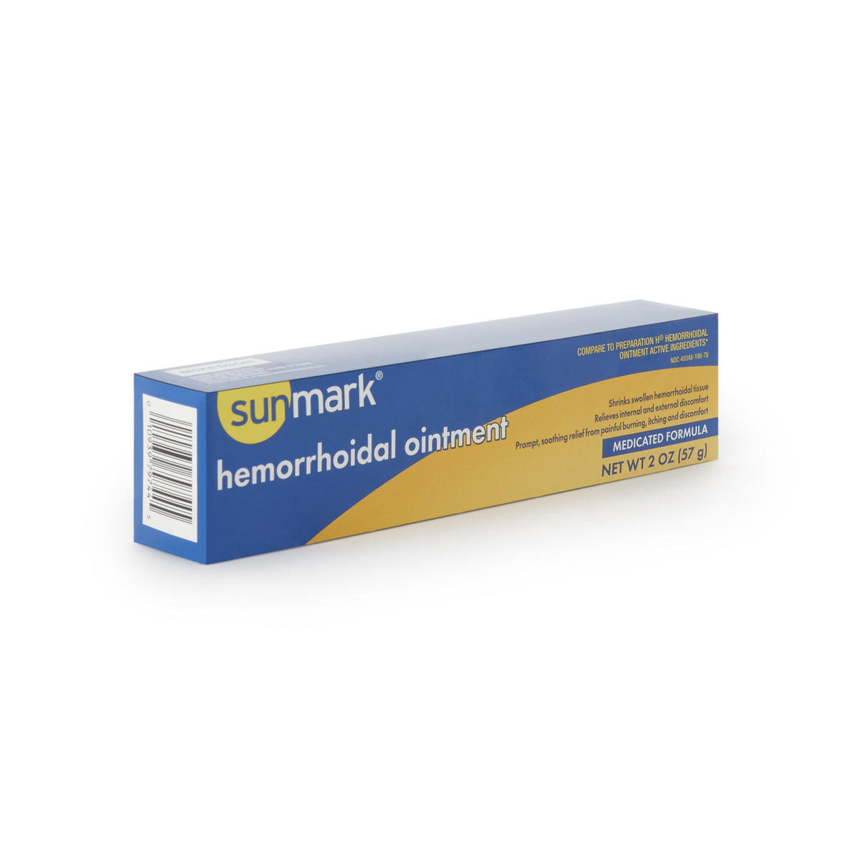 A blue and yellow box of McKesson Sunmark Hemorrhoid Ointment, 2 oz (57 g), is displayed. The packaging highlights pain and itching relief for hemorrhoids, with product details and a barcode shown on the side.
