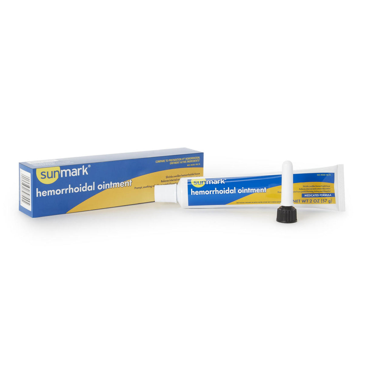 A tube of McKesson Sunmark Hemorrhoid Ointment with applicator and black cap, shown with its blue and yellow box on a white background, provides effective relief from hemorrhoid pain and itching.