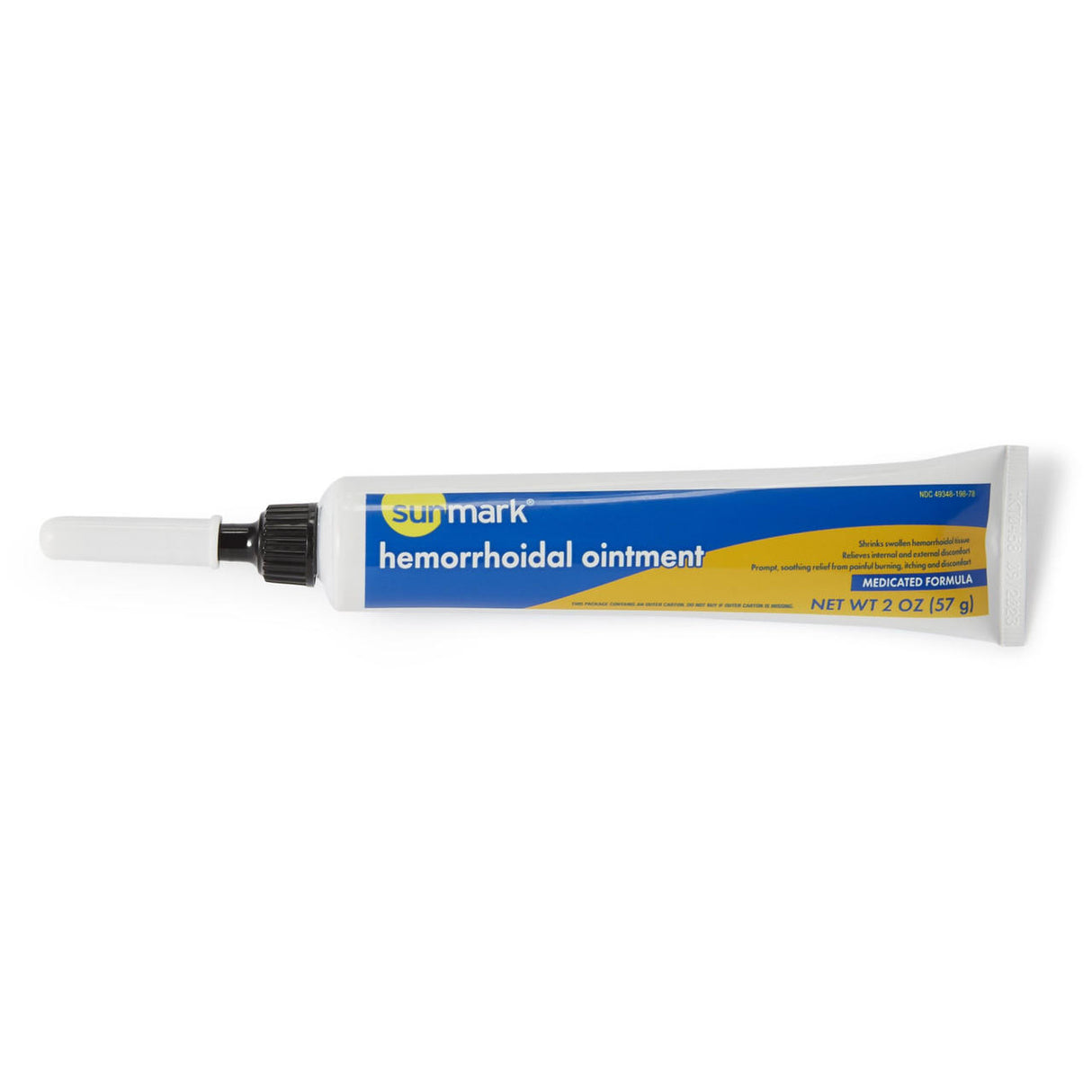 A 2-ounce (57g) tube of McKesson Sunmark Hemorrhoid Ointment with a blue and yellow label and white applicator offers effective relief from anorectal pain and itching.