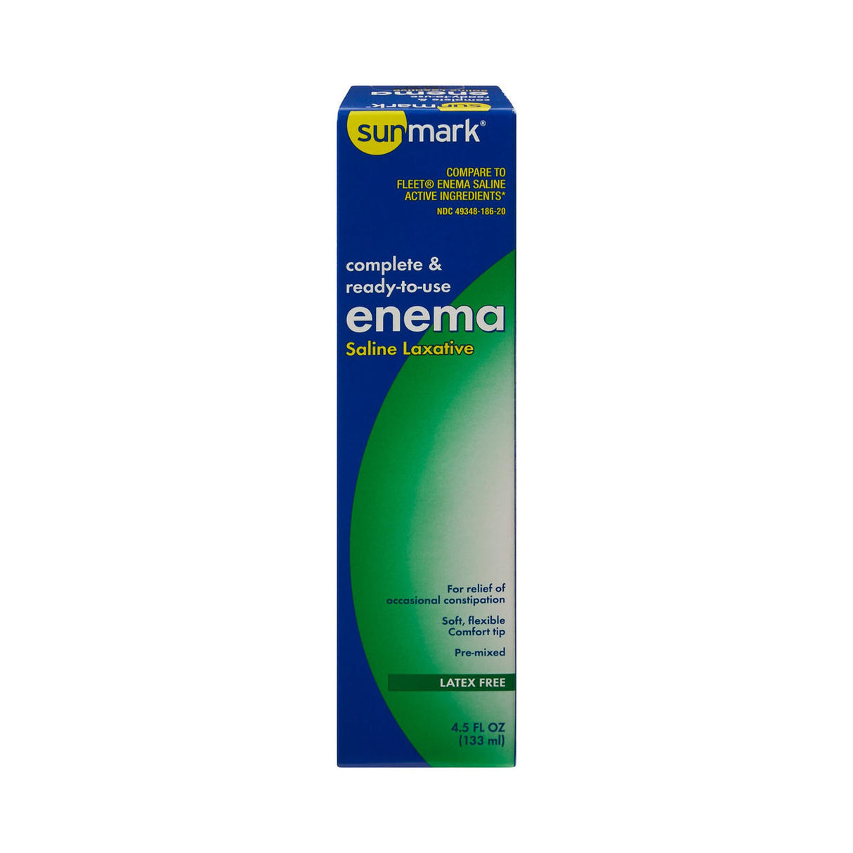 A 4.5 fl oz box of McKesson Sunmark Saline Enema, latex-free with green and blue packaging, provides effective constipation relief for occasional use.