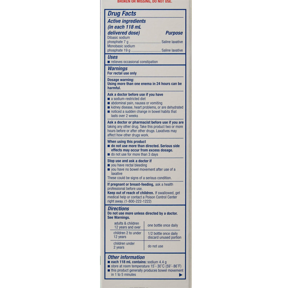 The drug facts label for Sunmark Saline Enema by McKesson lists Sodium Phosphates Rectal Solution as the active ingredient, relief of constipation as its use, plus warnings, directions, and more in a white and blue rectangular box.