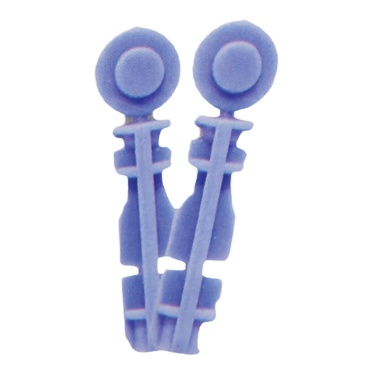 A close-up of the McKesson Sunmark TRUEdraw Adjustable Depth Dial Lancing Device shows its blue, abstract form with two round tops and vertical lines, resembling stylized figures or tools, isolated on a white background.