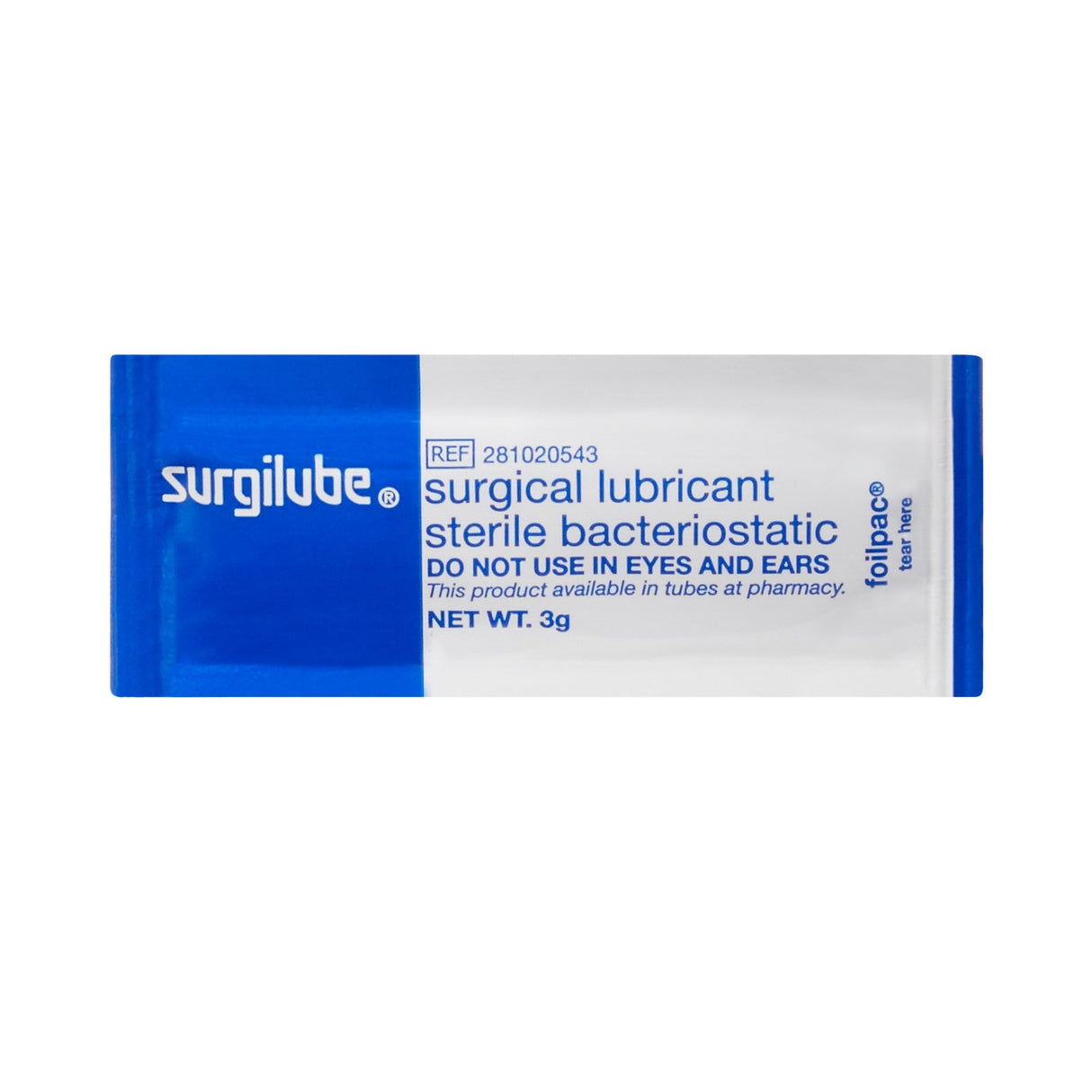 A white and blue packet labeled Surgilube Lubricating Jelly by HR Pharmaceuticals, 3g sterile, bacteriostatic lubricant; not for use in eyes or ears.