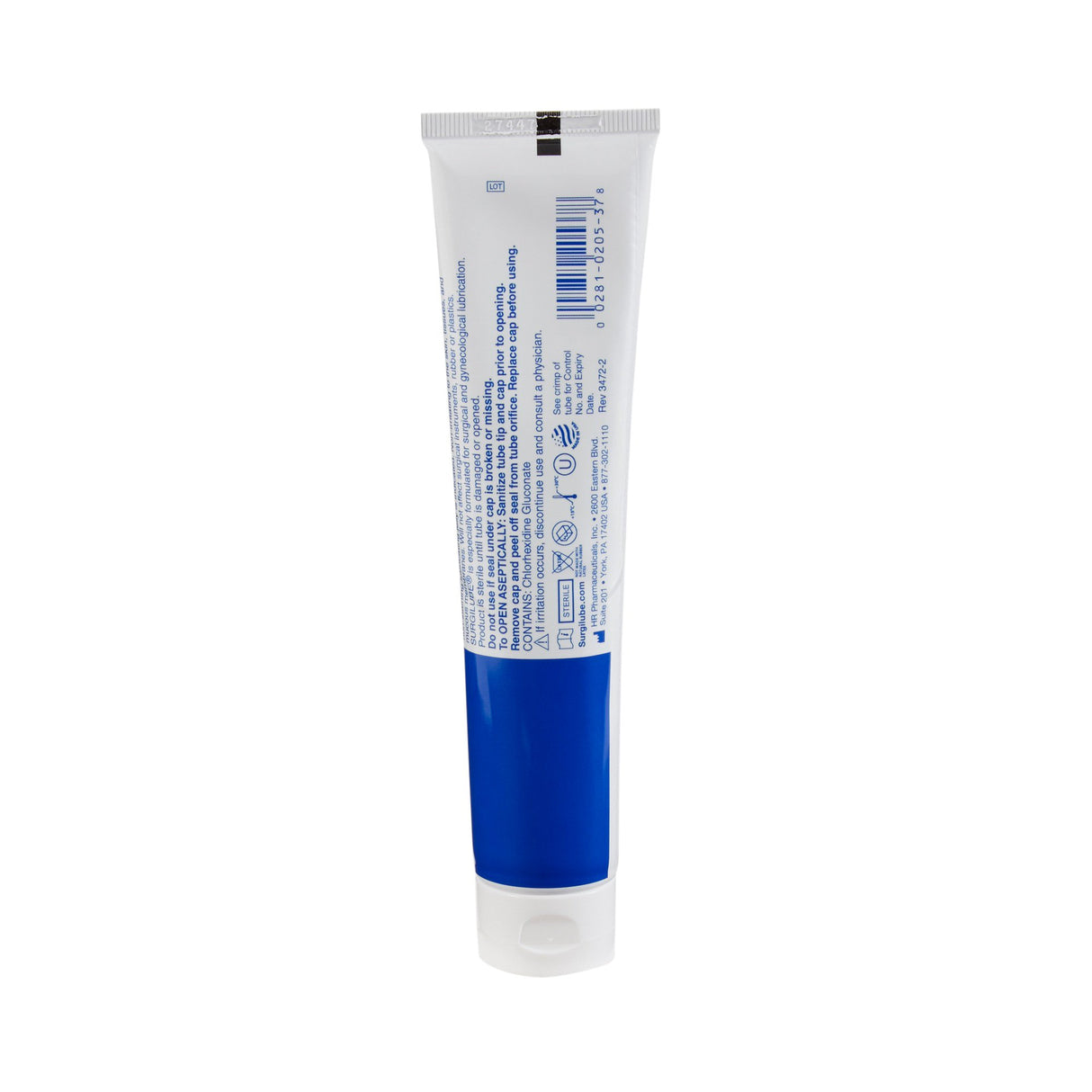 A 4.25 oz flip top tube of Surgilube Lubricating Jelly by HR Pharmaceuticals, shown from the back with small printed text and symbols on its white-and-blue label, indicating its a sterile, water-based personal care lubricant.