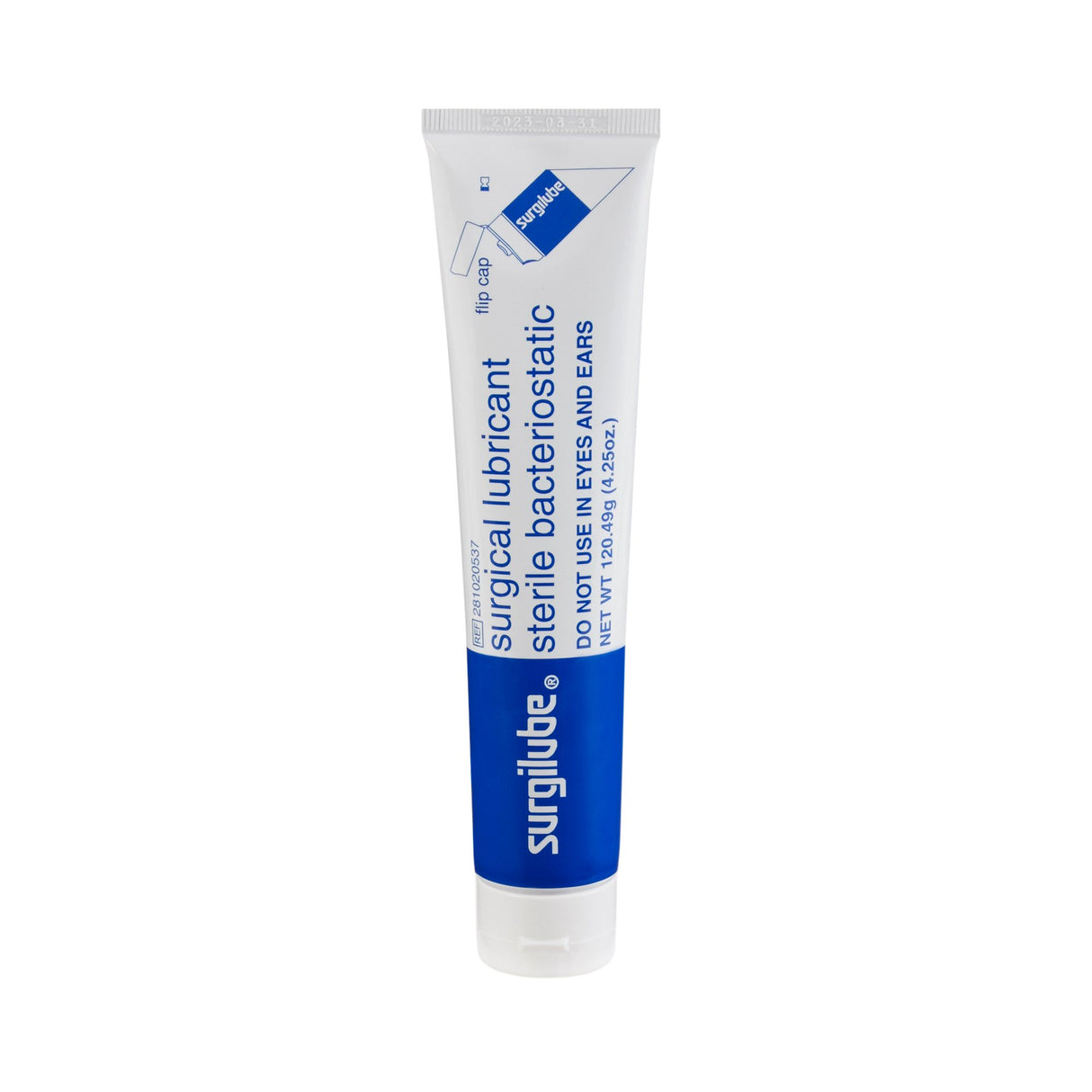 A 4.25 oz flip top tube of Surgilube Lubricating Jelly by HR Pharmaceuticals, with blue and white label, marked as a sterile medical lubricant, bacteriostatic, and not for use in eyes or ears.