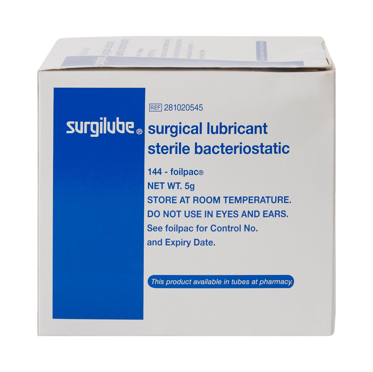 A white box of Surgilube Lubricating Jelly by HR Pharmaceuticals contains 144 sterile, water-based 5g packets. The blue-labeled box advises storage at room temperature and warns not to use in eyes or ears.