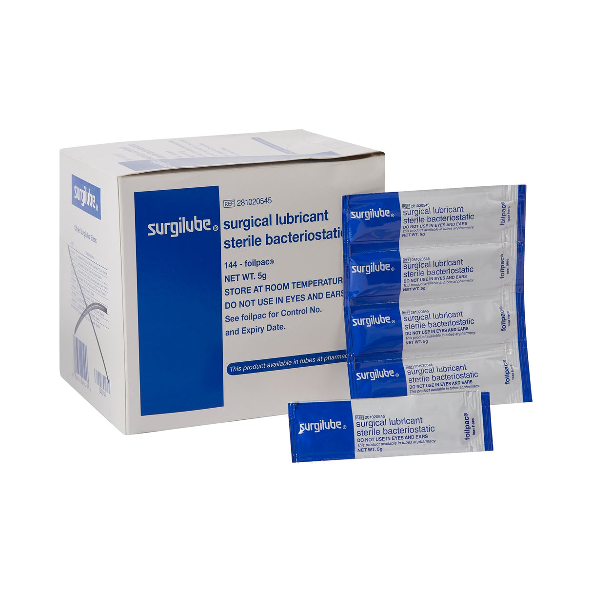 A box of Surgilube Lubricating Jelly, 5 Gram Individual Packets by HR Pharmaceuticals, sits beside several packets. The white and blue packaging shows this sterile, water-based, bacteriostatic jelly is for medical use.