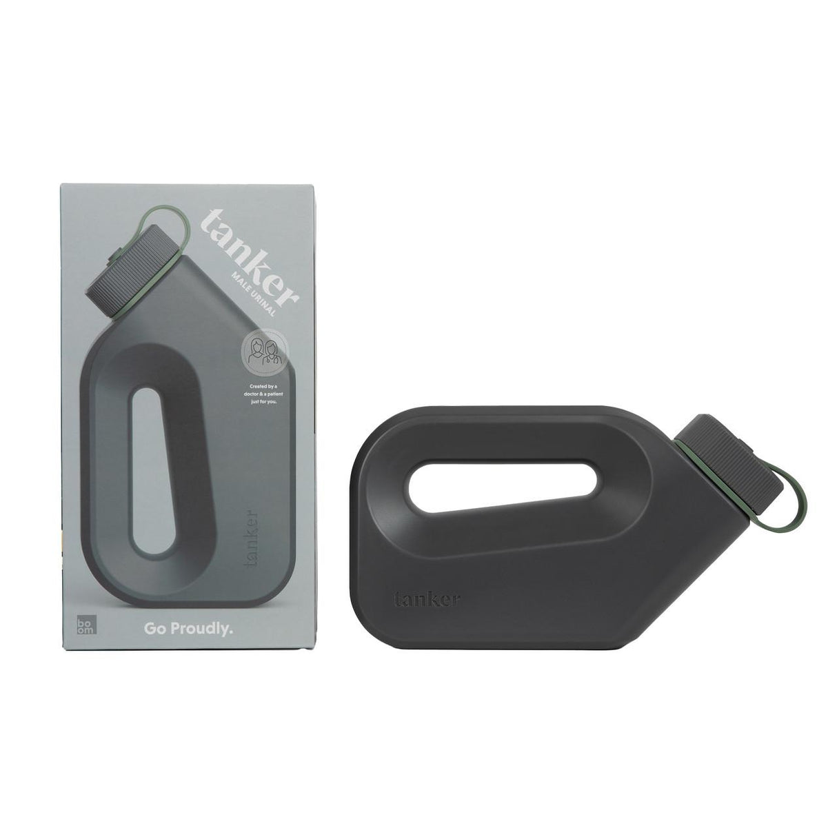 The Boom Home Medical Tanker Portable Spill Proof Urinal for Men is dark gray with an oblong handle, a textured cap with a green strap, and comes in a matching box. Both the bottle and box feature the Tanker label.