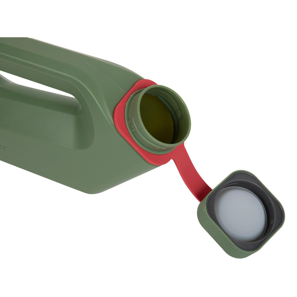 A close-up of the Boom Home Medical Tanker Portable Spill Proof Urinal For Men shows its green plastic body, built-in handle, and red tethered cap with the opening visible and the cap attached to the bottle.