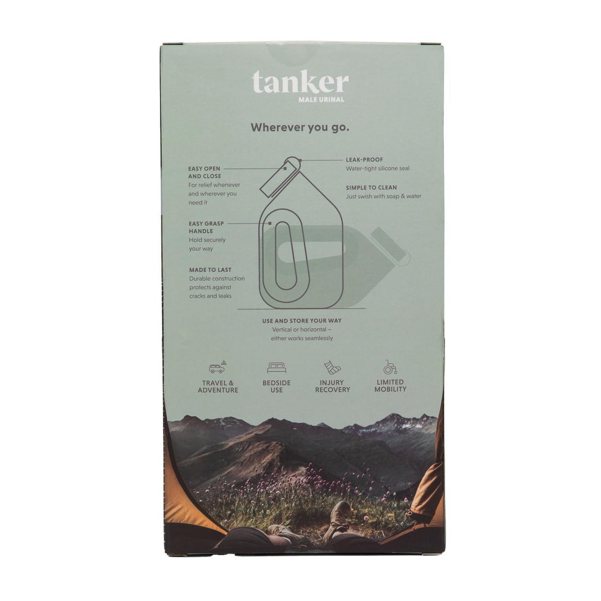 Box for Boom Home Medical’s Tanker Portable Spill Proof Urinal For Men, featuring product illustration and key features with a scenic mountain view from a tent—showcasing this urinal’s convenience for outdoor adventures.