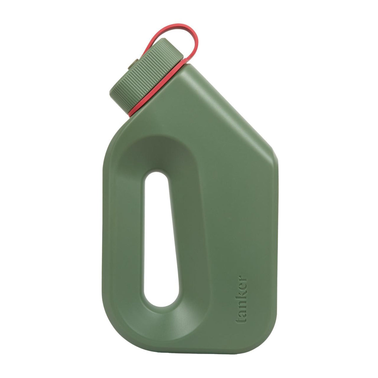The Boom Home Medical Tanker Portable Spill Proof Urinal For Men is a green plastic bottle with an angled screw cap, red carrying loop, side handle, and tanker embossed near the base—ideal for travel or emergencies.