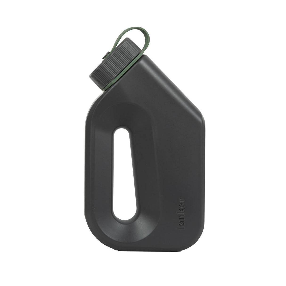 The Boom Home Medical Tanker Portable Spill Proof Urinal For Men is a black, modern device with a built-in handle and green screw cap attached by a loop. Tanker is embossed vertically on the lower right side, reflecting its sleek design.