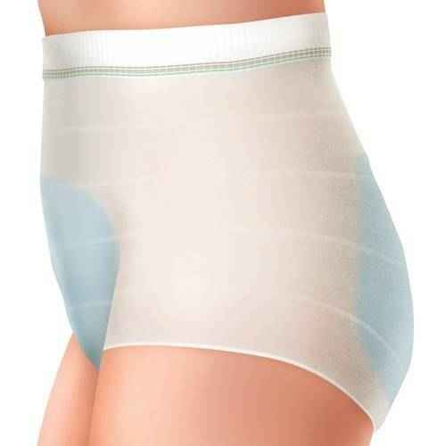 A person wearing TENA Comfort Pants by TENA, disposable adult incontinence underwear with a discreet fit, shown from the side. The white pants have a high waistband and lightly shaded blue areas to indicate absorbent zones.
