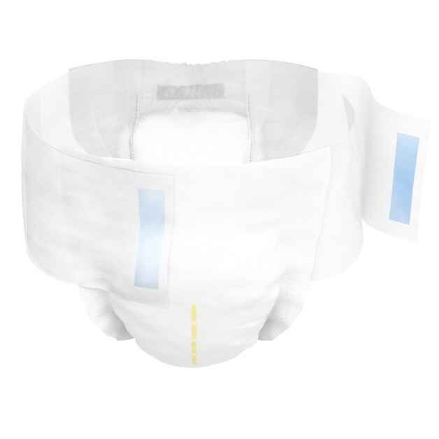 TENA Complete +Care Adult Briefs, Extra by TENA feature white outer material, blue adhesive tabs, a yellow wetness indicator on the front, and DuoLock Core Technology for advanced incontinence care.