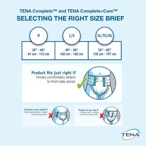 Infographic for TENA Complete +Care Adult Briefs, Extra shows size options (M, L/G, XL/TG/XG) by waist measurement with fit diagrams (proper, too small, too large). Features DuoLock Core Technology. TENA logo in bottom right.