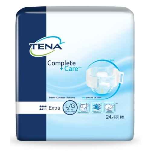 A 24-pack of TENA Complete +Care Adult Briefs, Extra, size large (L/G), offers superior incontinence care with DuoLock Core Technology. The white and blue packaging highlights key features and extra absorbency.