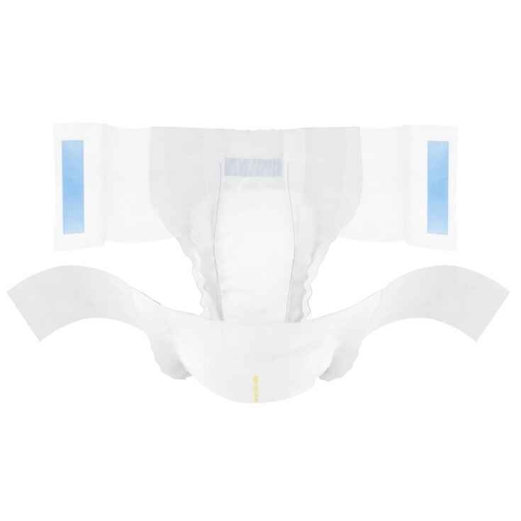 The TENA Complete +Care Adult Briefs, Extra by TENA are adult disposable diapers for incontinence care, shown open and flat with elastic gathers, wide waistbands, blue adhesive tabs, and a yellow wetness indicator on the white material.