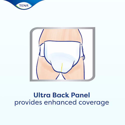 Illustration of a person wearing TENA Complete +Care Ultra Briefs with an ultra back panel. Text reads, Ultra Back Panel provides enhanced coverage and maximum absorbency for incontinence protection. TENA logo appears top left.