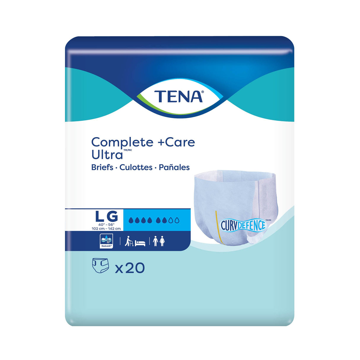 A 20-count pack of TENA Complete +Care Ultra Briefs, size Large, offers maximum absorbency and protection. The blue and white packaging features CurvDefence branding and text in English, French, and Spanish.