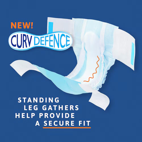 A TENA Complete +Care Ultra Briefs adult diaper with blue and orange accents is shown open against a blue background. Text reads: NEW! CURV DEFENCE. TENA’s standing leg gathers ensure a secure fit and maximum absorbency for incontinence.
