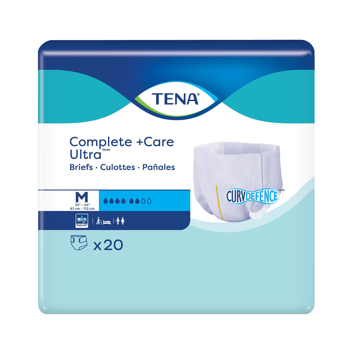 TENA Complete +Care Ultra Briefs, size medium, offer maximum absorbency and reliable incontinence protection. Pack contains 20 blue and white adult briefs by TENA.