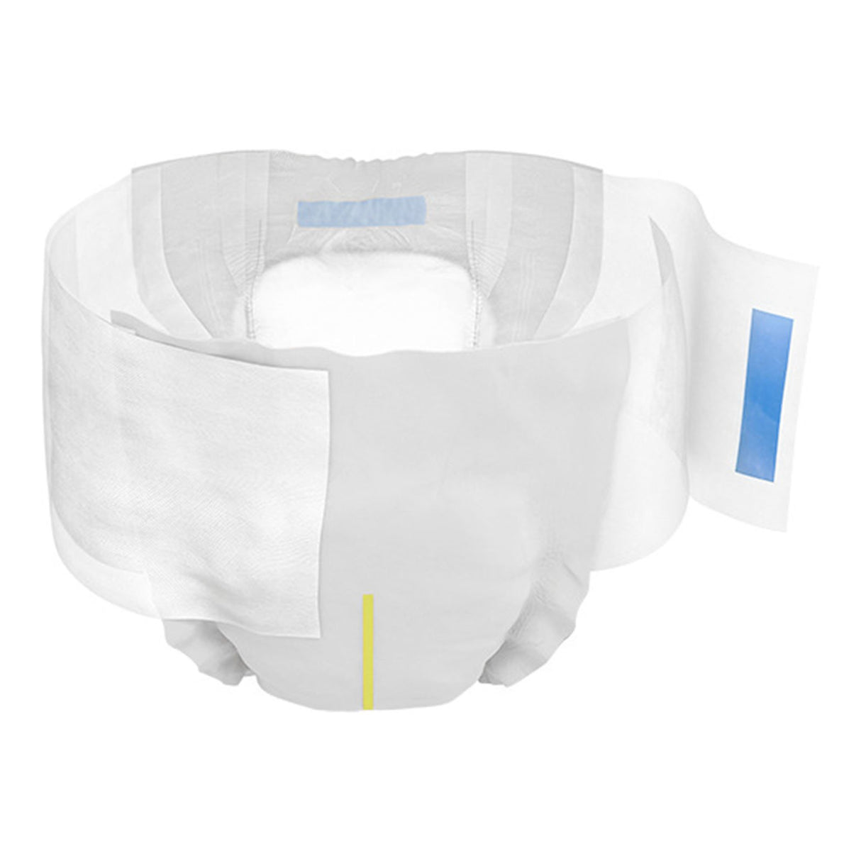 TENA Complete +Care Ultra Briefs by TENA are adult disposable diapers with maximum absorbency, elastic edges, a yellow wetness indicator line, and blue adhesive tabs for reliable incontinence protection, shown against a white background.
