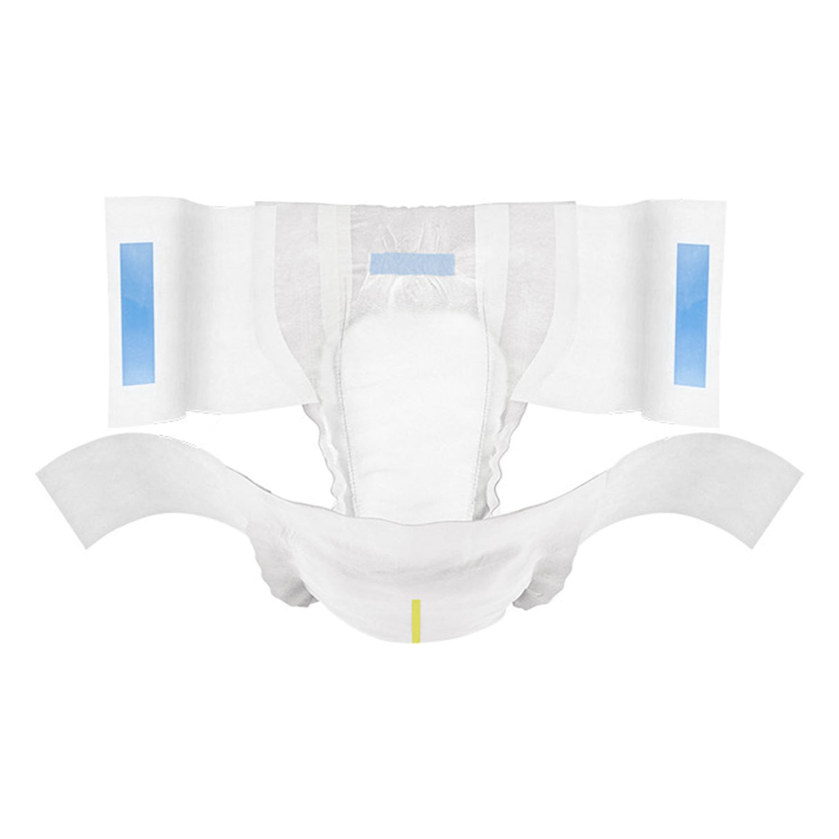 The TENA Complete +Care Ultra Briefs are shown open, featuring maximum absorbency white padding, elastic leg cuffs, blue adhesive tabs, and a yellow wetness indicator strip for reliable incontinence protection.
