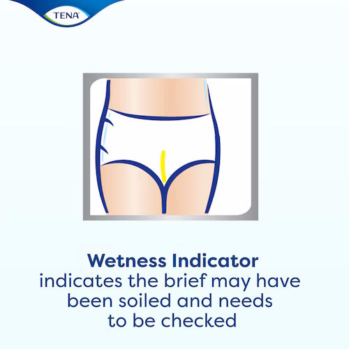 Illustration of a person wearing TENA Complete +Care Ultra Briefs, featuring a yellow wetness indicator line. Text: Wetness Indicator signals when TENA briefs need changing for optimal incontinence protection.