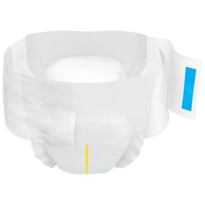 A TENA Complete Ultra Adult Briefs disposable diaper by TENA, featuring white padding, extended side tabs, plus a yellow indicator strip on the front and a blue one on the side, shown against a plain white background.