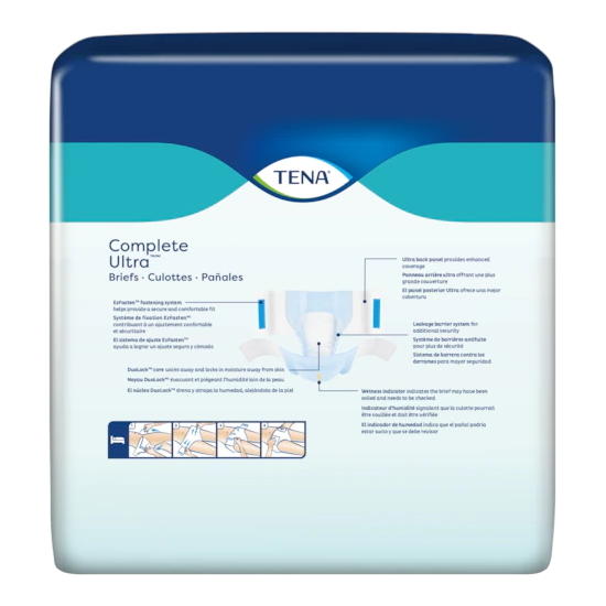 A blue and white package of TENA Complete Ultra Adult Briefs by TENA, showing product info, usage diagrams, and text highlighting absorbency and leakage protection for incontinence.