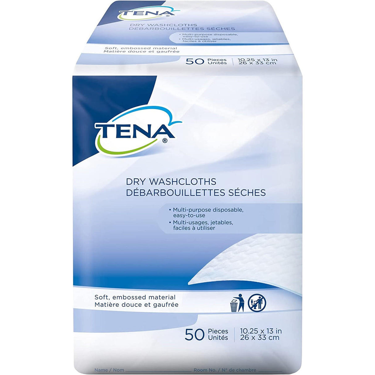 A pack of 50 TENA Dry Washcloths by TENA—soft, blue and white disposable wipes with English and French details, ideal for perineal care and multi-purpose use.