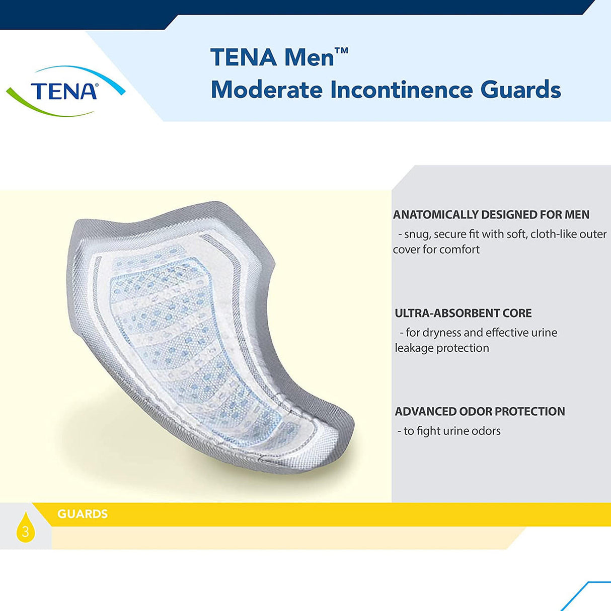 A TENA for Men Guards, Maximum is featured, highlighting its snug male fit, Dry-Fast Core for reliable urine leakage protection, and advanced odor control—establishing it as a trusted choice among men’s incontinence pads.