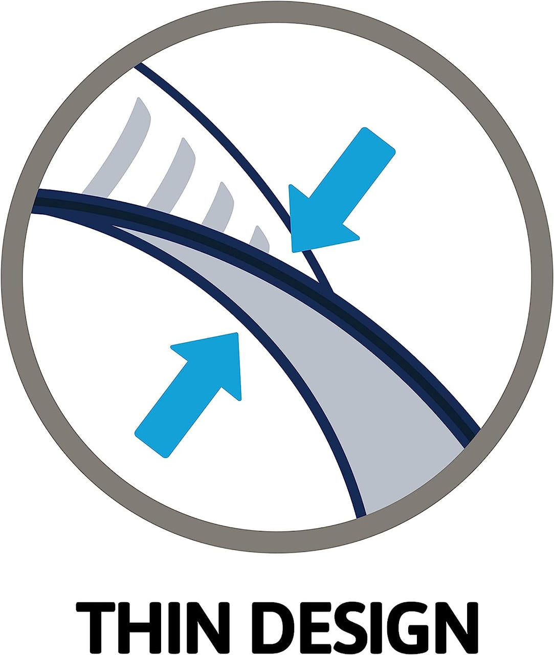 A circular graphic shows two blue arrows pointing at a thin, curved, layered object, highlighting the slimness of TENA for Men Guards, Maximum. Below the circle, bold black text reads THIN DESIGN.