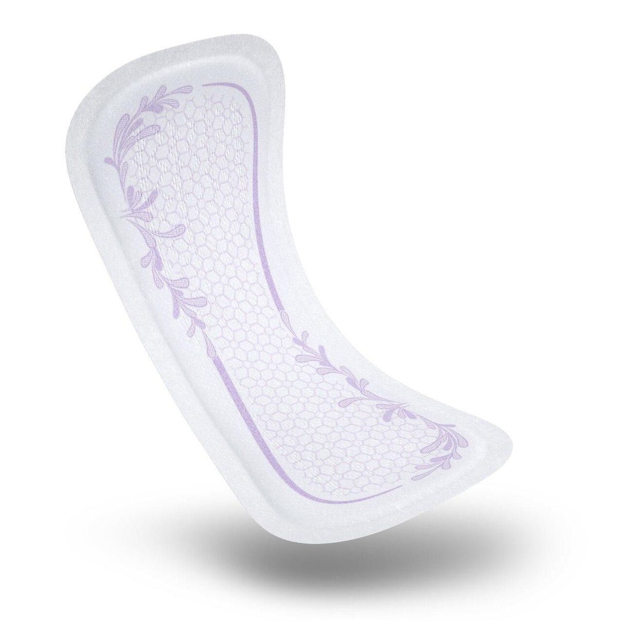A close-up of a curved, white TENA Sensitive Care Ultra Thin Light Incontinence Pad with a purple floral pattern and honeycomb texture, designed for breathable bladder protection, shown on a plain white background with a soft shadow.