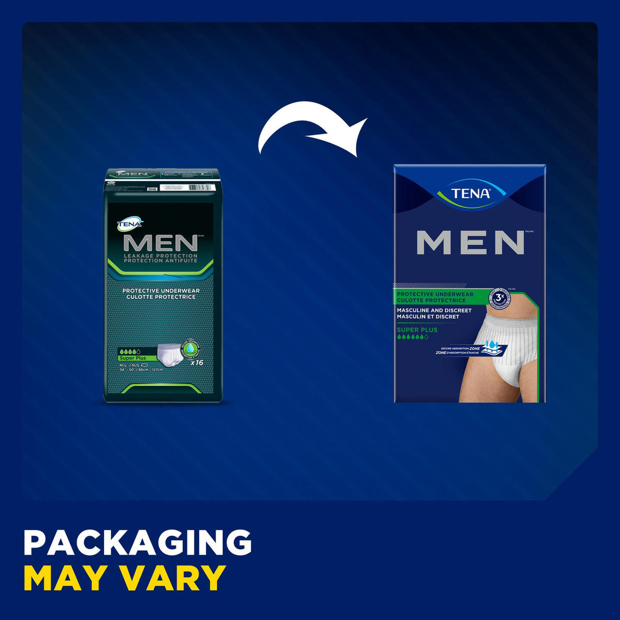 Two packages of TENA Mens Super Plus Protective Underwear from TENA are shown side by side with an arrow between them to show a packaging change. Text at the bottom notes: Packaging may vary.
