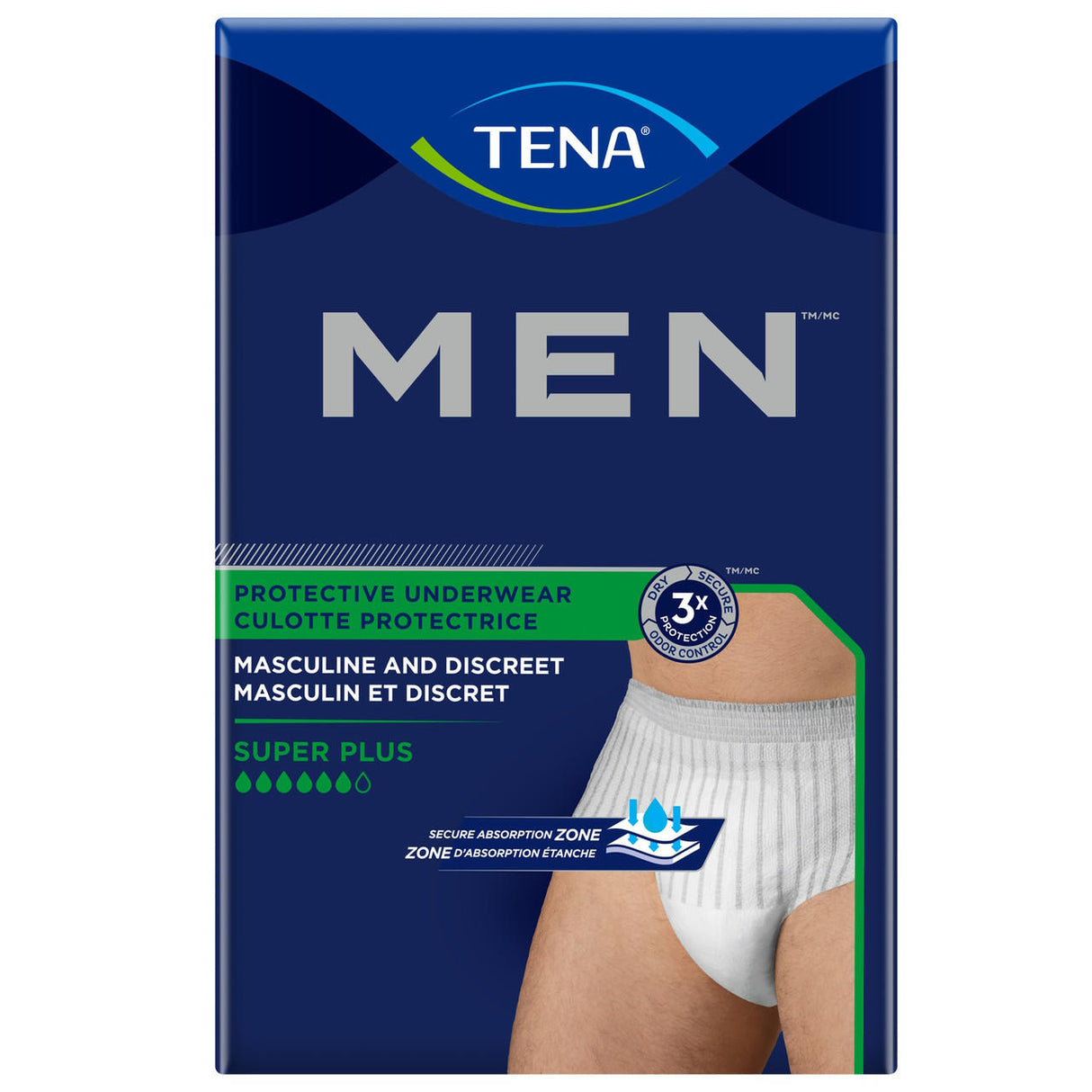 TENA Mens Super Plus Protective Underwear by TENA features discreet, absorbent underwear for men, designed with bold white text on blue packaging and offering superior bladder leakage protection.