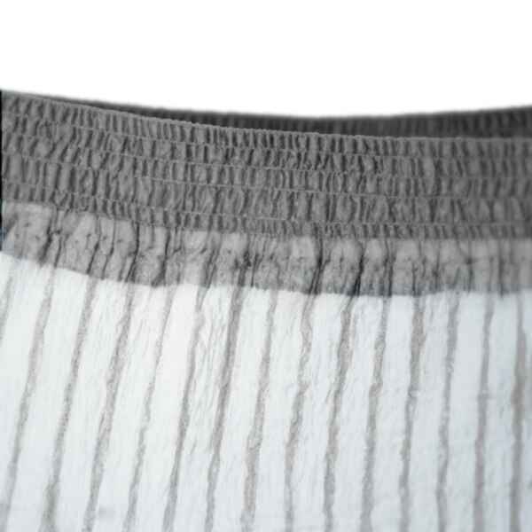 Close-up of the elastic waistband on TENA Mens Super Plus Protective Underwear—lightweight, pleated fabric in light gray and white tones offers discreet, absorbent bladder leakage protection for men.