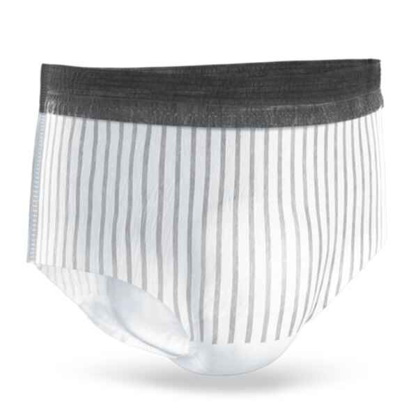 TENA Mens Super Plus Protective Underwear by TENA features a black waistband and vertical gray stripes on white. Designed for men, it offers comfort and reliable bladder leakage protection, shown here from the front.