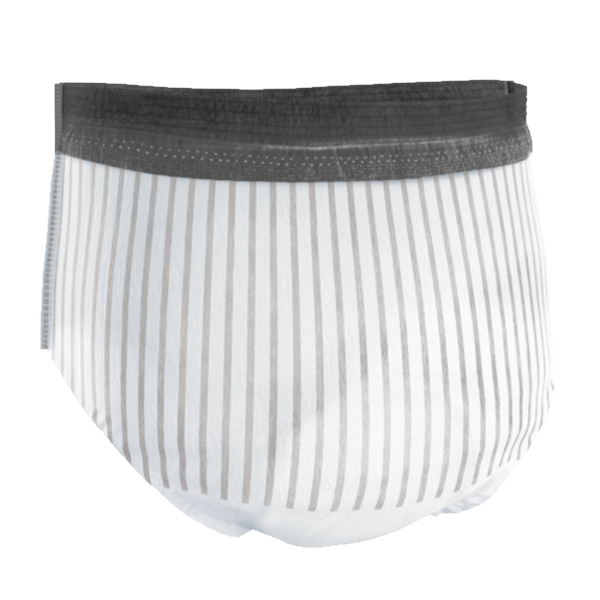 TENA Men’s Super Plus Protective Underwear by TENA features a gray waistband and vertical gray stripes on white, shown from the back, and is designed for reliable bladder leakage protection.