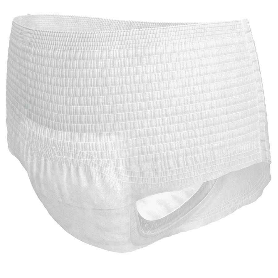A single TENA ProSkin Overnight Super Protective Underwear by TENA, in white, is displayed against a plain background. It features maximum absorbency, an elastic waistband and leg openings, with a quilted surface.