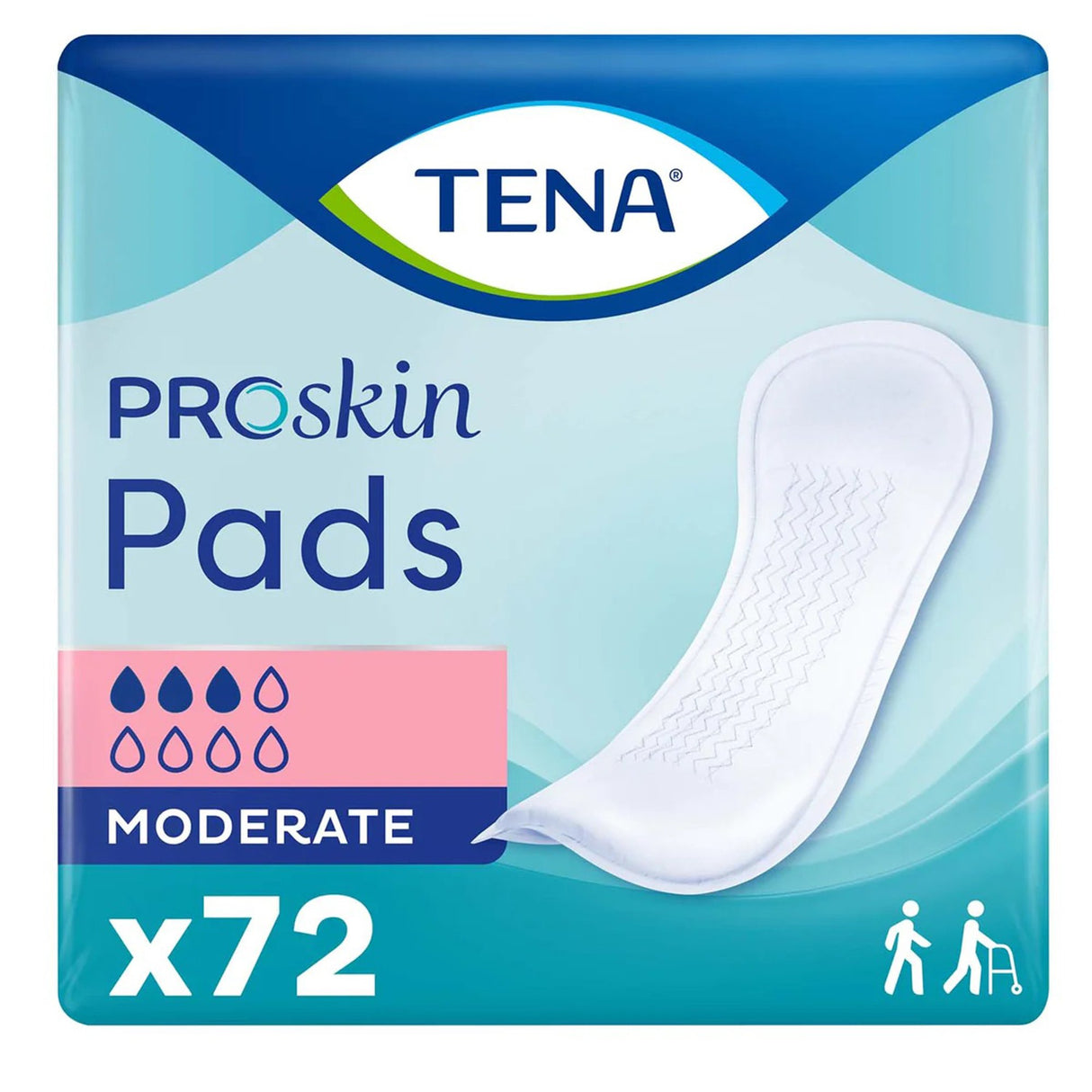 A 72-count pack of TENA Proskin Pads, Moderate by TENA for women, in blue packaging with pad image, absorbency level, and walking or walker icons.