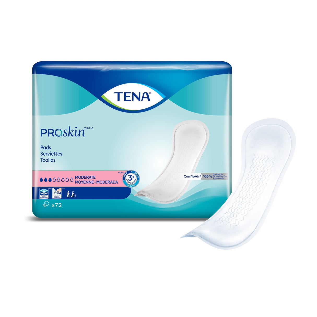 TENA ProSkin Pads, Moderate by TENA in a blue and white package show “Moderate” absorbency. The pack contains 72 pads for women with English and Spanish info, featuring an image of a single pad on the front.