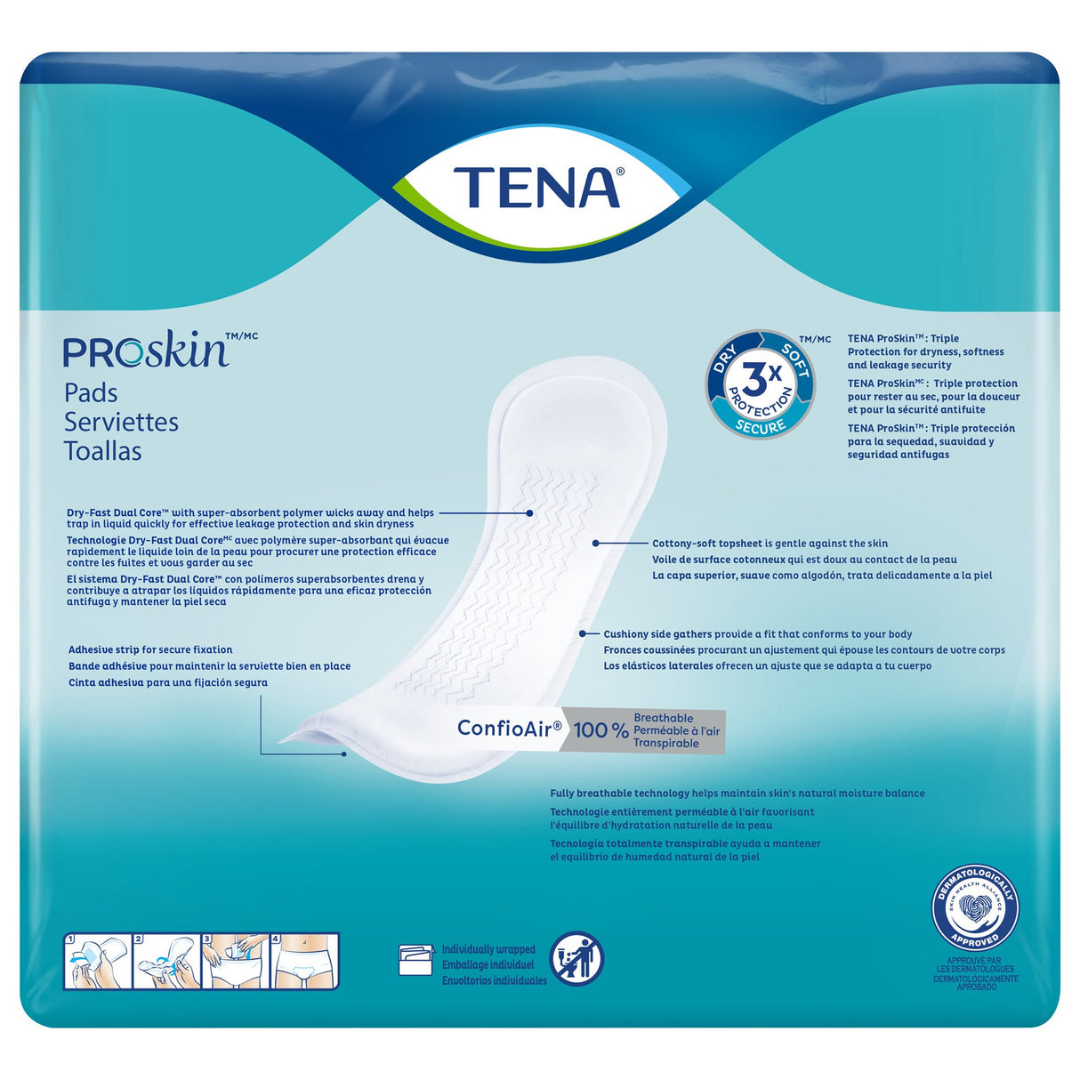 The TENA ProSkin Pads, Ultimate packaging features a large image of a breathable pad, key product details, and the TENA logo on a teal and white design with text in English and Spanish.