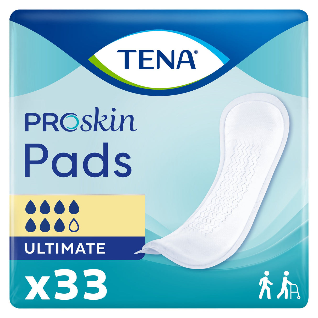 Packaging for TENA Proskin Pads, Ultimate by TENA, displays a heavy absorbency pad image, absorbency icons, x33 quantity, and symbols indicating suitability for adults or seniors.