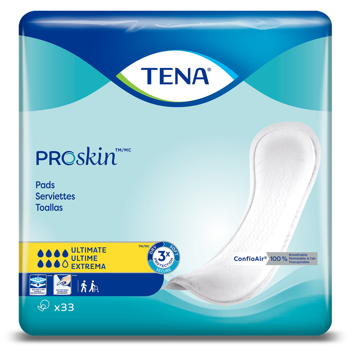 TENA ProSkin Pads, Ultimate by TENA feature a blue and white package with a large pad image, product details, icons for protection, comfort, breathability, and come in a 33-count pack.