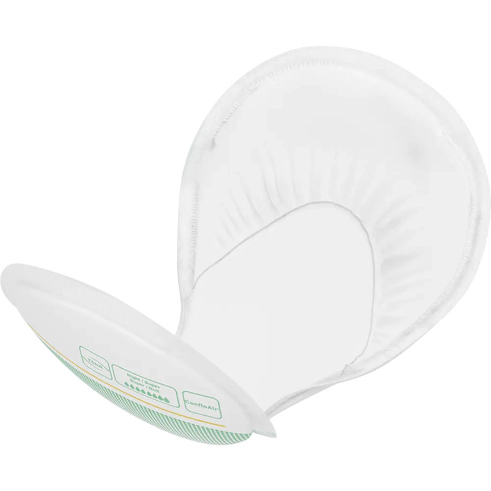 A single white, curved disposable nursing pad with a green label, designed to fit inside a bra and absorb breast milk leaks—offering comfort and absorbency similar to TENA ProSkin Absorbent Pads Night Super by TENA.
