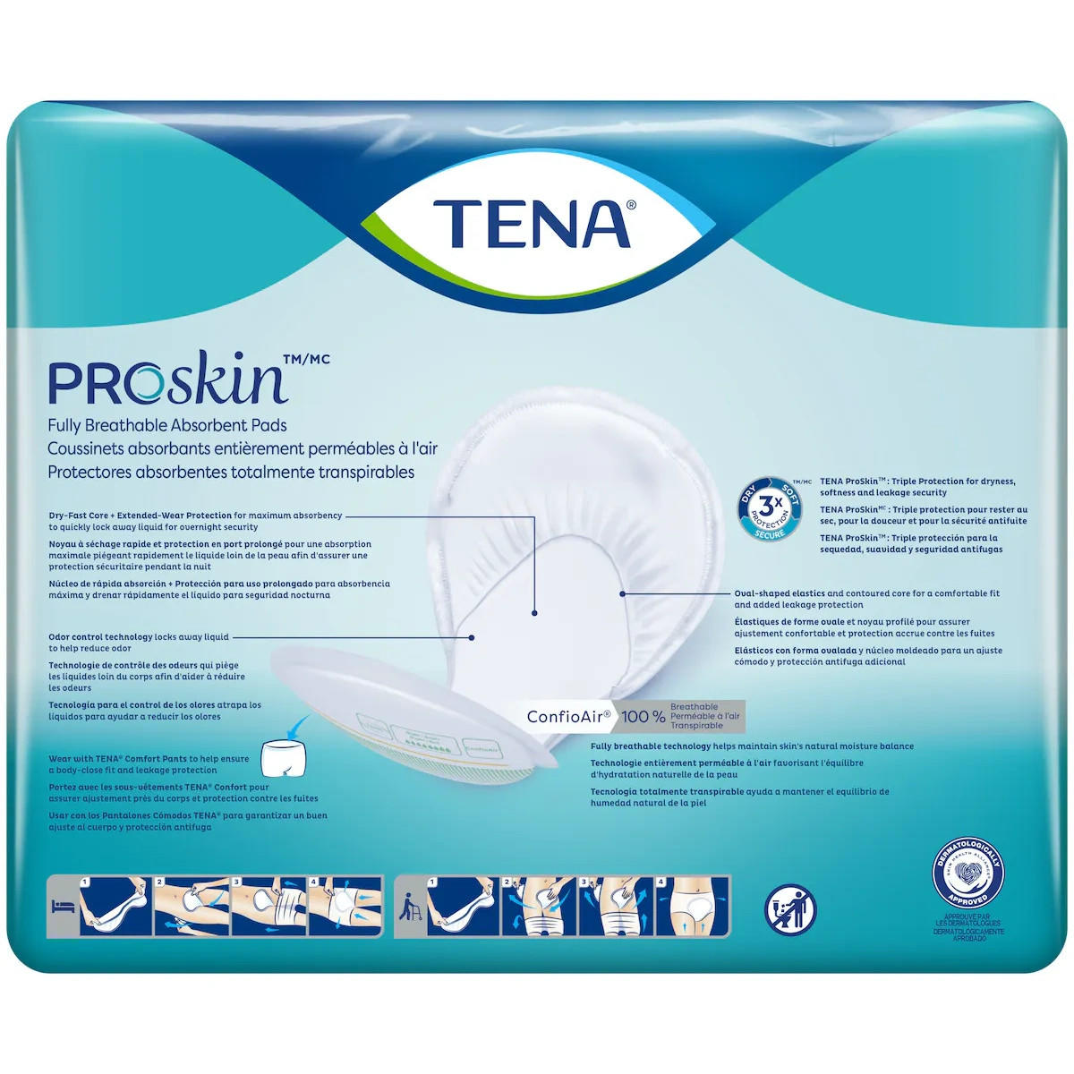 Package of TENA ProSkin Absorbent Pads Night Super by TENA, featuring a large white pad image, blue and green branding, English and French product features, and bottom diagrams showing use for heavy incontinence.